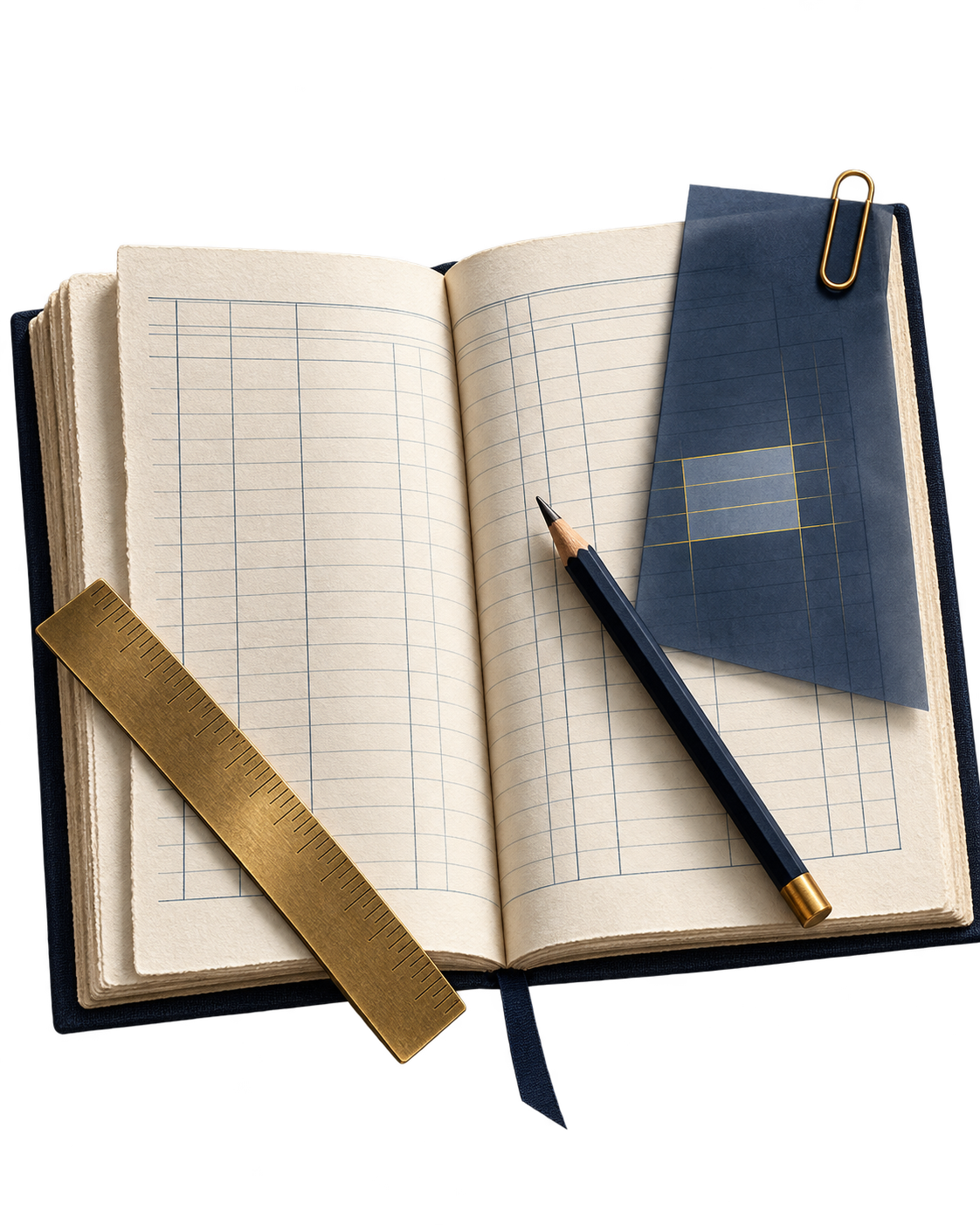 Caderno aberto com régua dourada e papel azul