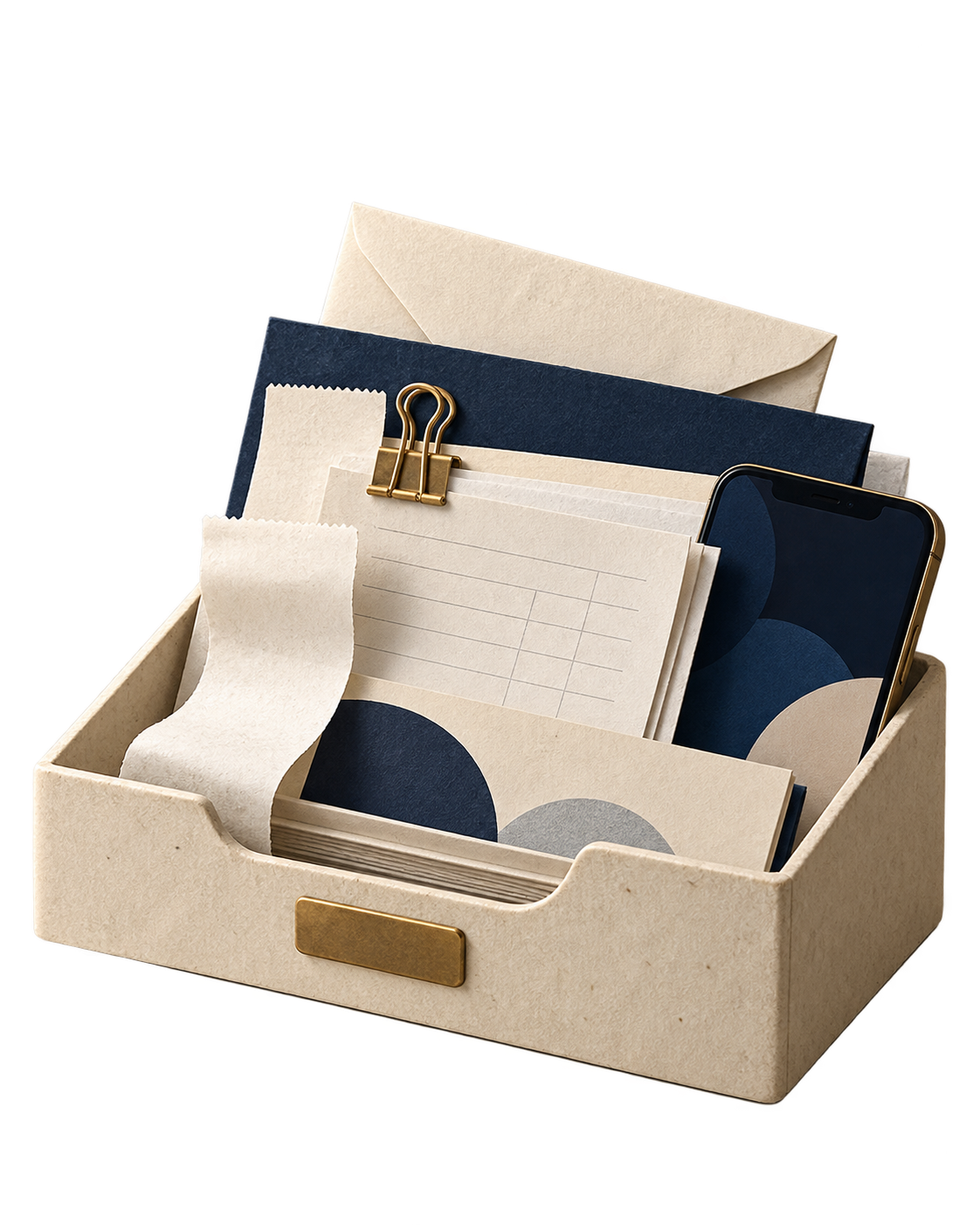 Bandeja com envelopes e documentos